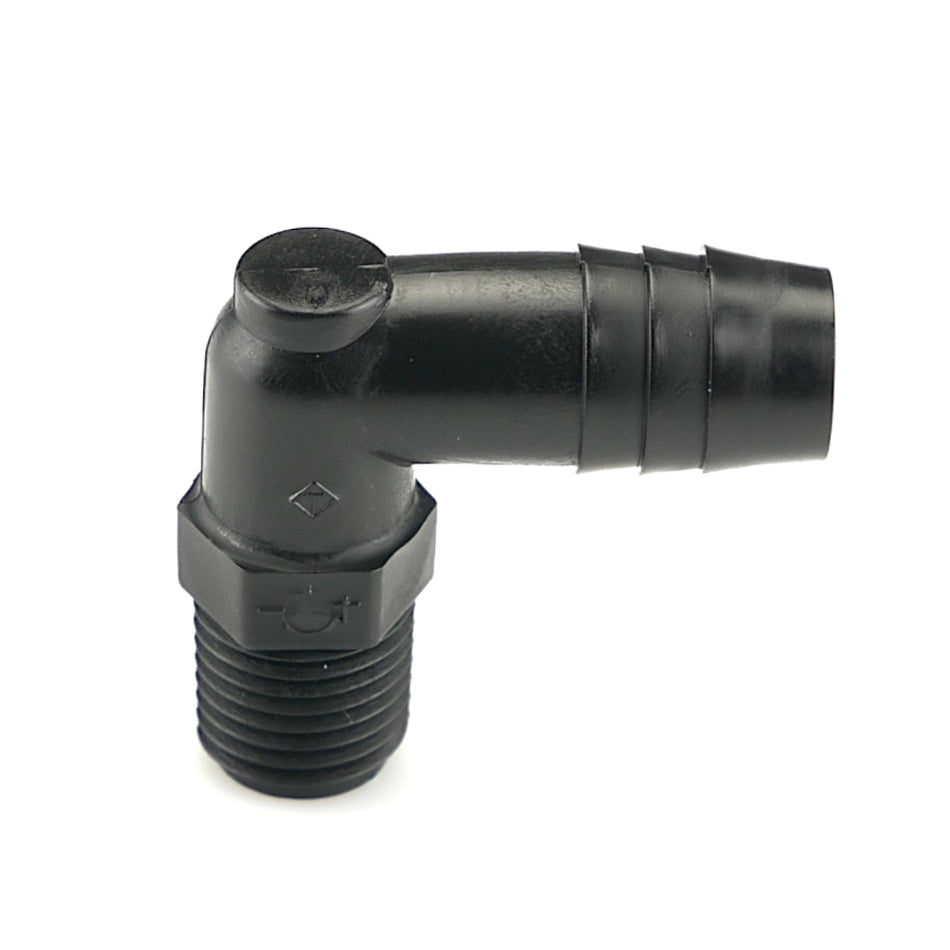 1/2" NPT x 1/2" Hose ID Black HDPE Elbow